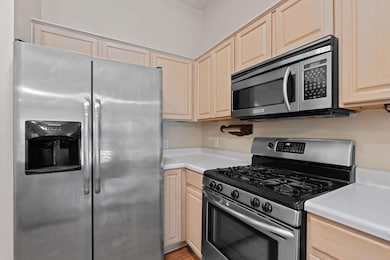 Kitchen featuring stainless steel appliances, lig
