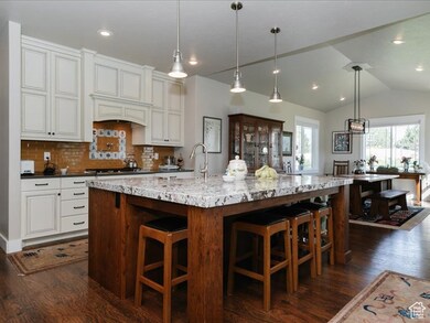 Kitchen with backsplash, light stone countertops, a sink, and dark wood-type flooring