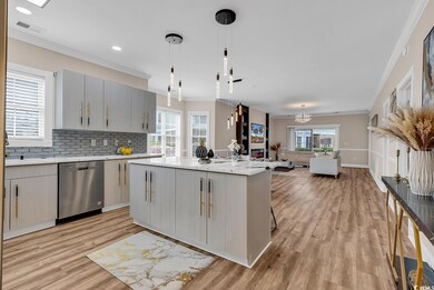 Kitchen featuring hanging light fixtures, ornament