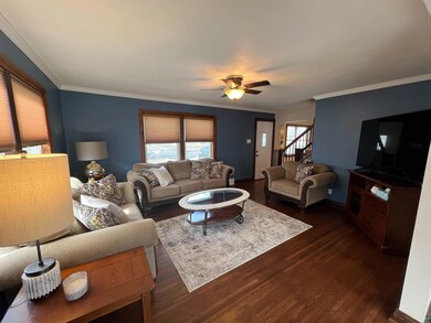 Living room with ornamental molding, dark wood-style floors, baseboards, and ceiling fan