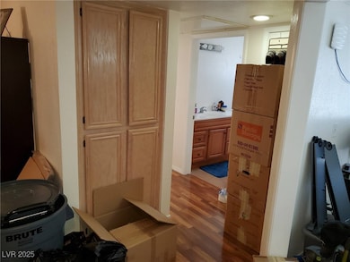 Bathroom featuring light wood-type flooring and vanity