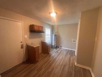 Unfurnished dining area featuring water heater, dark wood-style floors, a textured ceiling, and baseboards