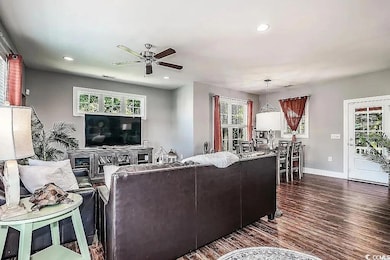 Living area featuring dark wood-type flooring, bas