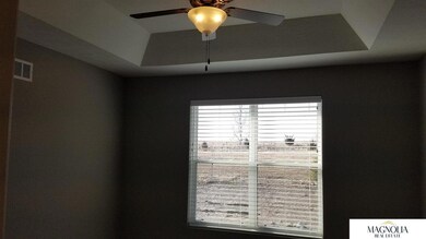 large master bedroom with trayed ceiling & fan