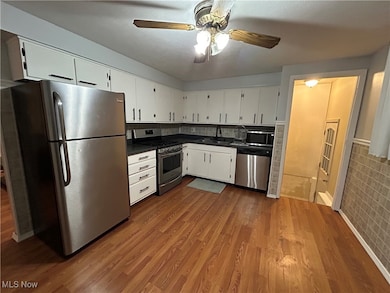 Kitchen with stainless steel appliances, dark countertops, white cabinetry, and dark wood-type flooring