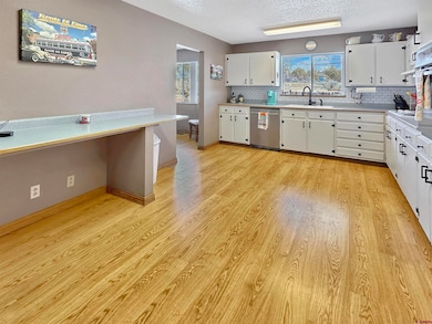 Kitchen with light wood finished floors, backsplash, dishwasher, white cabinets, and a sink