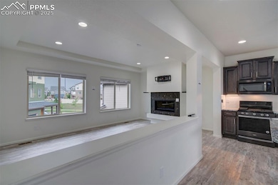 Kitchen with appliances with stainless steel finishes, light wood-style flooring, dark brown cabinets, a multi sided fireplace, and recessed lighting