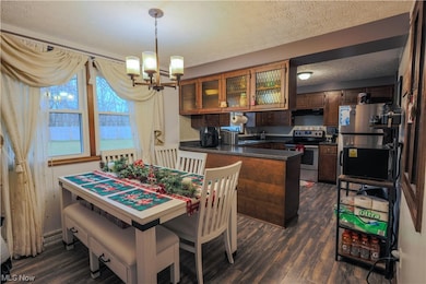 Dining space featuring an inviting chandelier, dark hardwood / wood-style floors, and a textured ceiling