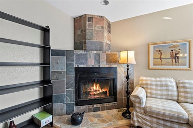 Living room featuring a tiled fireplace