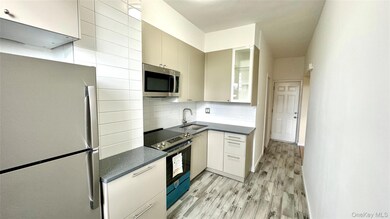 Kitchen featuring stainless steel appliances, tasteful backsplash, light wood-style flooring, glass insert cabinets, and modern cabinets