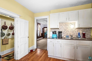 Kitchen featuring dark wood-type flooring, baseboard heating, dark countertops, and a sink