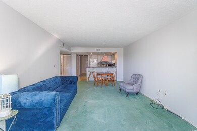 Carpeted living room featuring a textured ceiling