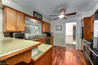 Kitchen with backsplash, stainless steel appliances, ceiling fan, dark wood-type flooring, and sink