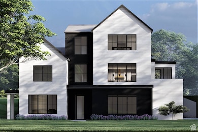 View of front of property with a balcony and a front lawn