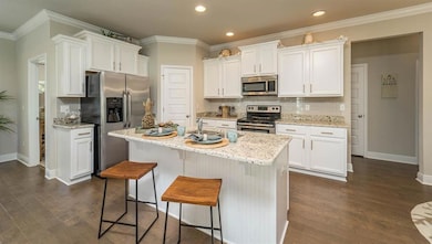 Kitchen with appliances with stainless steel finishes, white cabinetry, tasteful backsplash, dark wood-type flooring, and recessed lighting