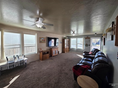 Living area with carpet flooring, a textured ceiling, and ceiling fan