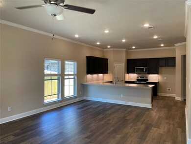 Kitchen featuring dark wood-type flooring, sink, appliances with stainless steel finishes, ornamental molding, and ceiling fan