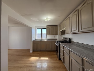 Kitchen with gas range, light wood-style floors, dark countertops, and under cabinet range hood
