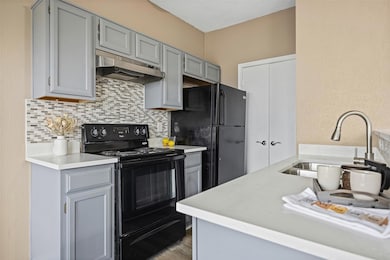 Kitchen featuring tasteful backsplash, sink, gray 
