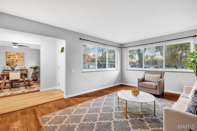 Living area featuring wood finished floors and ceiling fan