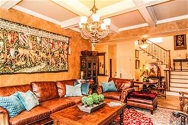 Architectural details include a coffered ceiling, 
