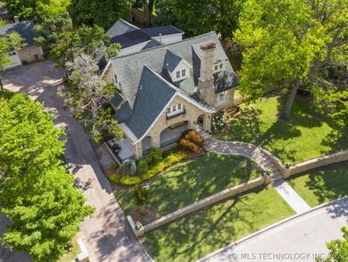 Treetop view of the house, roof line and detached
