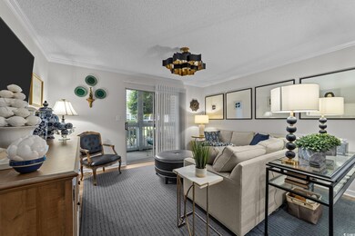 Living area featuring ornamental molding, carpet f