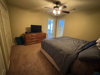 Bedroom featuring carpet flooring, a textured ceil