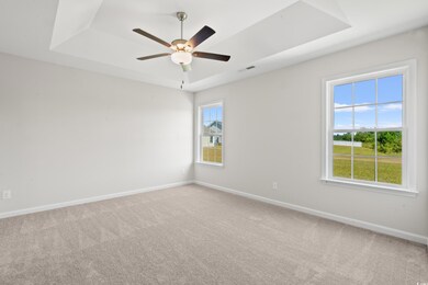 Empty room featuring a tray ceiling, light colored carpet, and a ceiling fan