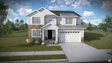 Modern inspired farmhouse with board and batten siding, a front yard, driveway, an attached garage, and stone siding