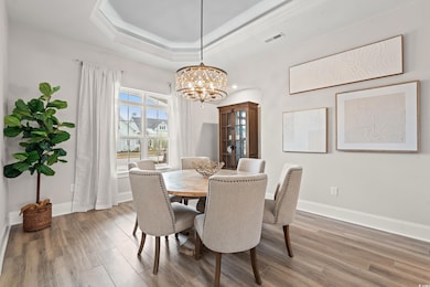 Dining space with a raised ceiling, a notable chan