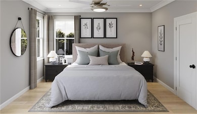 Bedroom with light wood-style flooring, crown molding, ceiling fan, and recessed lighting