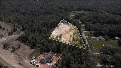 Aerial overview of property's location with a heavily wooded area and property parcel outlined