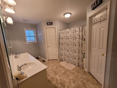 Large en-suite with 2 walk-in closets and a linen closet.