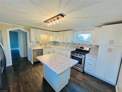 Kitchen with stainless steel appliances, dark hard