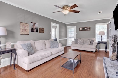 Living room featuring a ceiling fan, light wood-style flooring, plenty of natural light, crown molding, and baseboards
