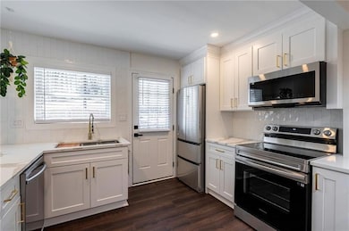 Kitchen with appliances with stainless steel finishes, a sink, white cabinetry, tasteful backsplash, and dark wood-style floors