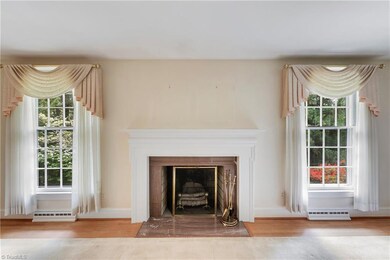 Living room fireplace. Windows overlook the back yard.