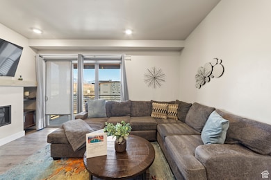 Living area featuring wood finished floors and a glass covered fireplace
