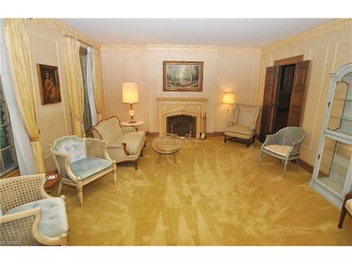The elegant sunken living room has a decorative fi