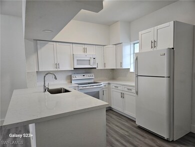 Kitchen with sink, white cabinets, dark hardwood / wood-style flooring, kitchen peninsula, and white appliances