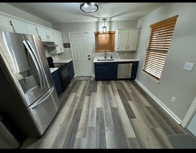 Kitchen with blue cabinetry, hardwood / wood-style