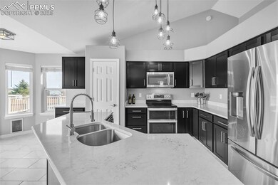 Kitchen with a sink, dark cabinetry, and appliance