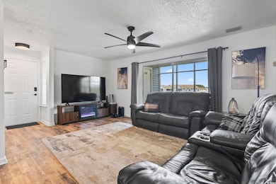 Living room featuring a textured ceiling, wood fin