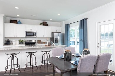 Kitchen with white cabinetry, dark hardwood / wood