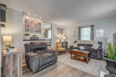 Living area with ornamental molding, light wood-st