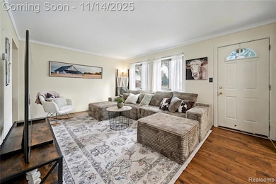 Living room featuring ornamental molding and dark wood-style floors