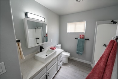 Bathroom featuring toilet, vanity, and wood finish