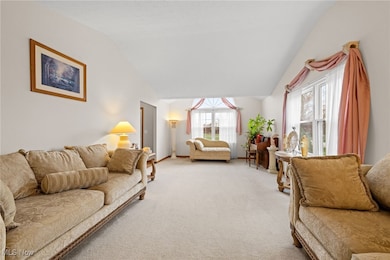 Carpeted great room featuring lofted ceiling