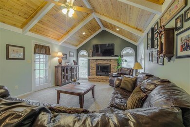 Living room with wood inlay ceiling and wood burni